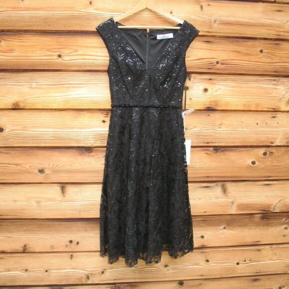NWT Mac Duggal  Sequin Cap Sleeve V Neck Dress Black - Picture 6 of 16